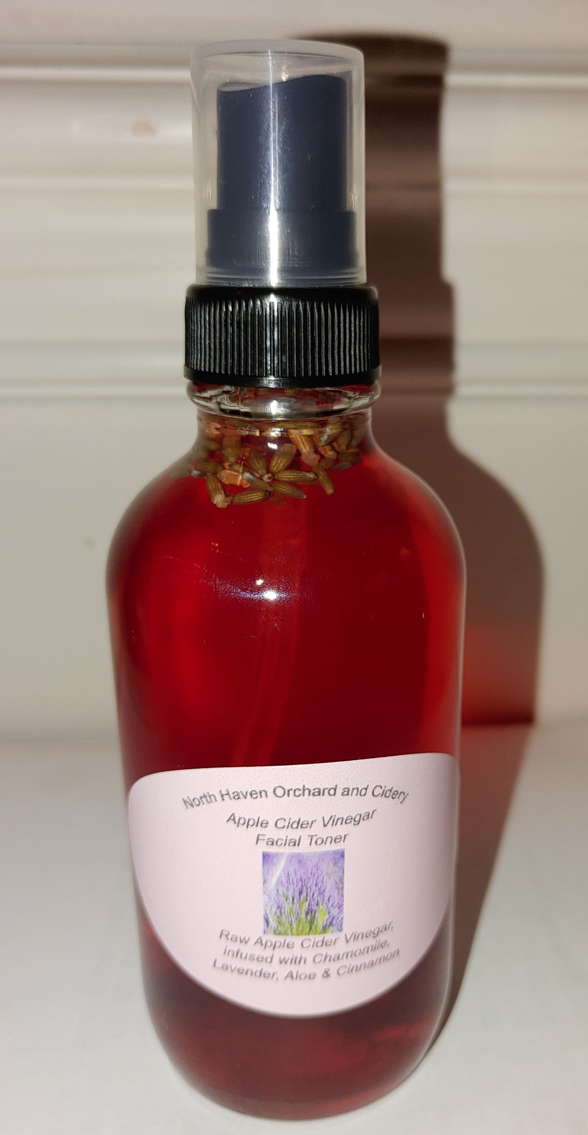 Lavender infused ACV skin toner bottle from North Haven Orchard and Cidery.